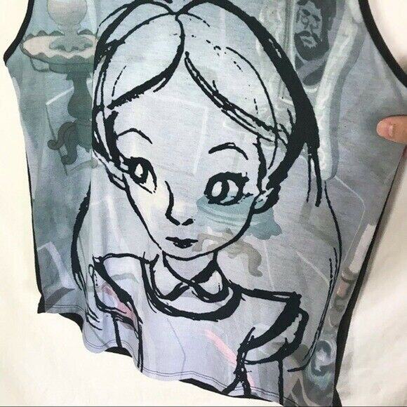 Disney NWT Junior Small Alice In Wonderland Watercolor Black Sketch Tank Top - Picture 6 of 8